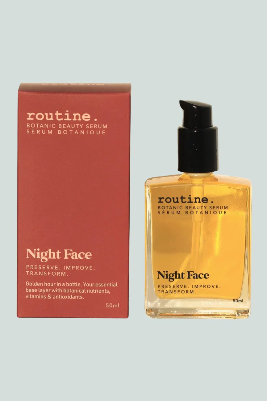 Night Face Serum - by Routine - Photographed with a white background - both clear oil bottle with black cap + burnt orange box labelled NIGHT FACE