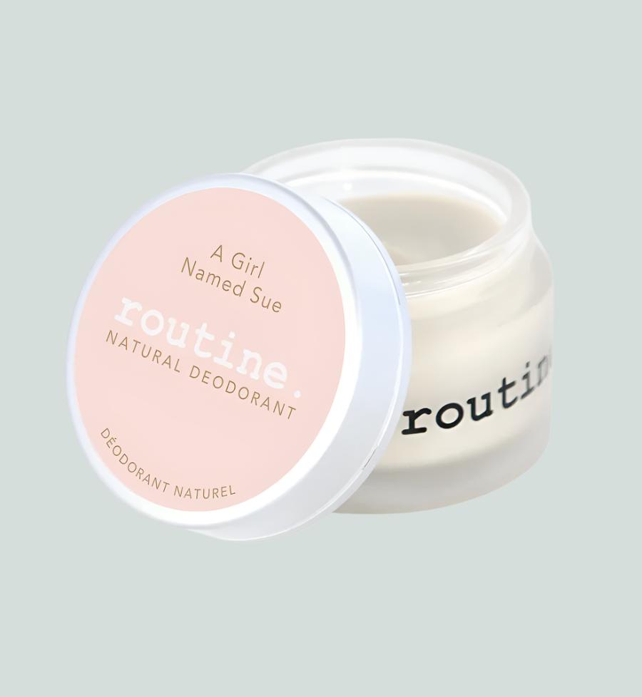 Routine Natural Deodorant - showing a Pink Sticker on Jar. Open lid of Routine Natural Deodorant Cream - A Girl Named Sue
