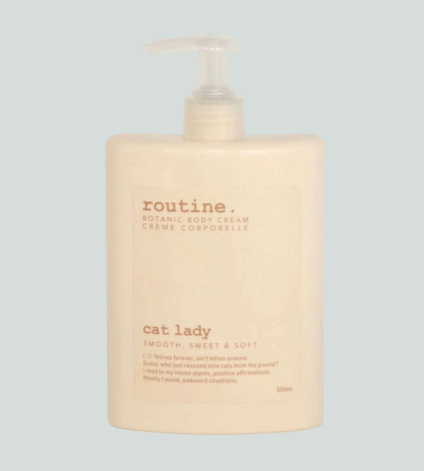Beige plastic pump bottle of ROUTINE - Botantic Body Cream in - CAT LADY scent displayed on a white background.