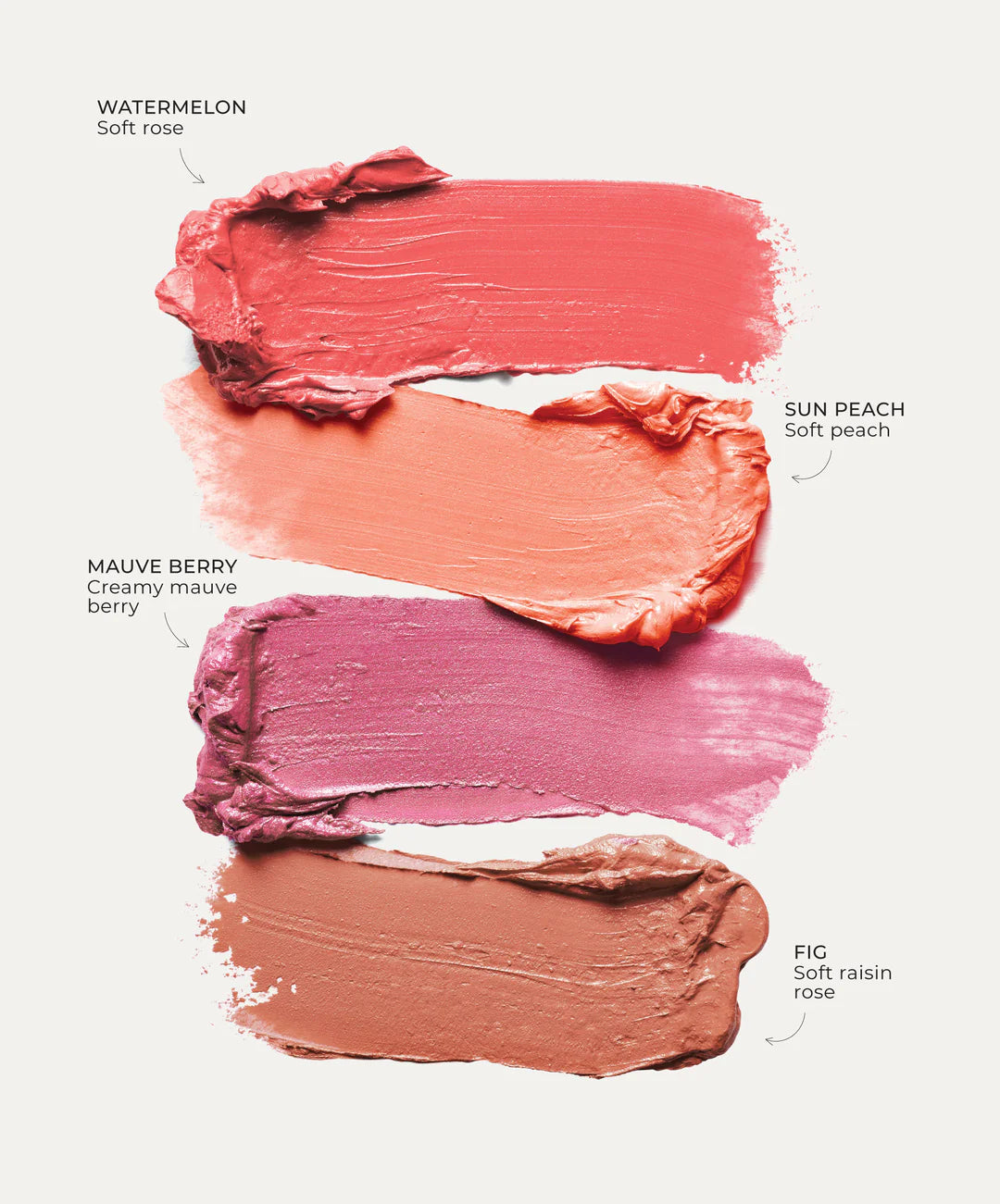 Product demo of all four colours - Watermelon (soft rose colour), Sun Peach (soft peach), Mauve Berry (creamy mauve berry), Fig (soft raisin rose).