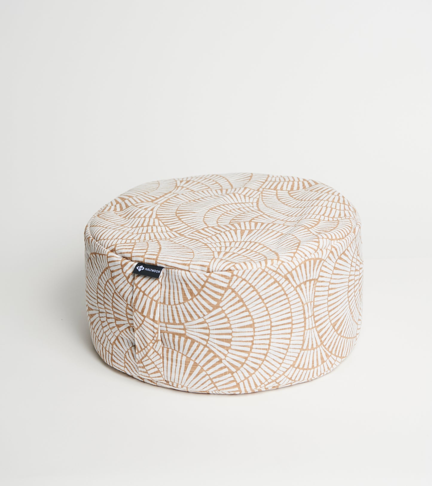 Meditation Cushion - patterned white and terra coloured (close up)