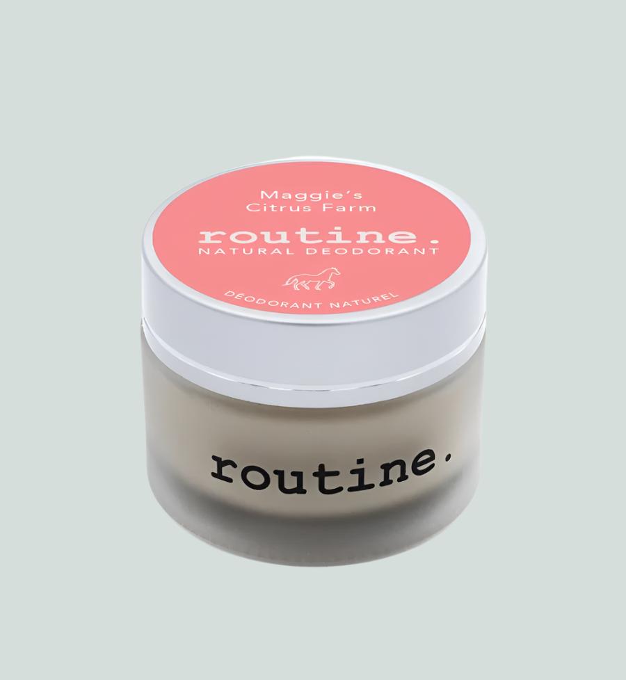 Peach Sticker on Jar with white horse. Closed lid of Routine Natural Deodorant Cream - Maggie's Citrus Farm