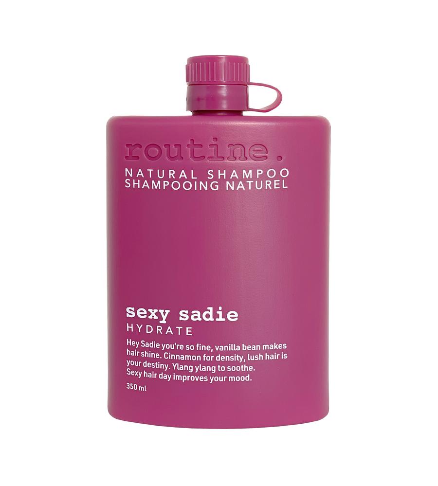 Routine - Natural Shampoo - called Sexy Sadie - Hydrating for your hair - magenta sleek bottle with white writing and white back ground