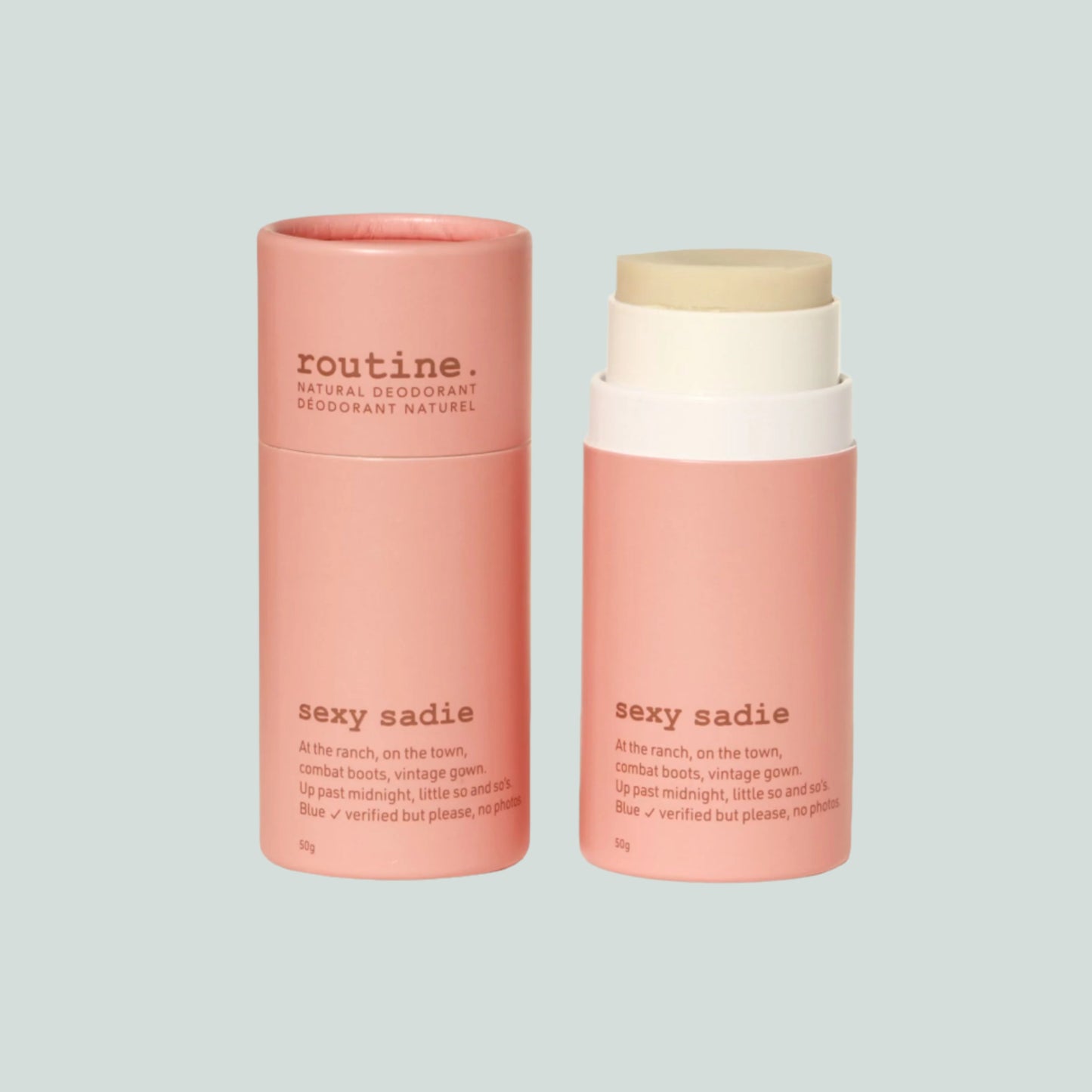 Routine Deodorant - Stick - "Sexy Sadie" scent - SWEET, SPICY & DELIGHTFUL. Ylang Ylang, Sweet Orange, Vanilla & Cinnamon in a salon paper deodorant stick displayed on a white background. Side by side with one open product (lid off) and one capped product (lid on).
