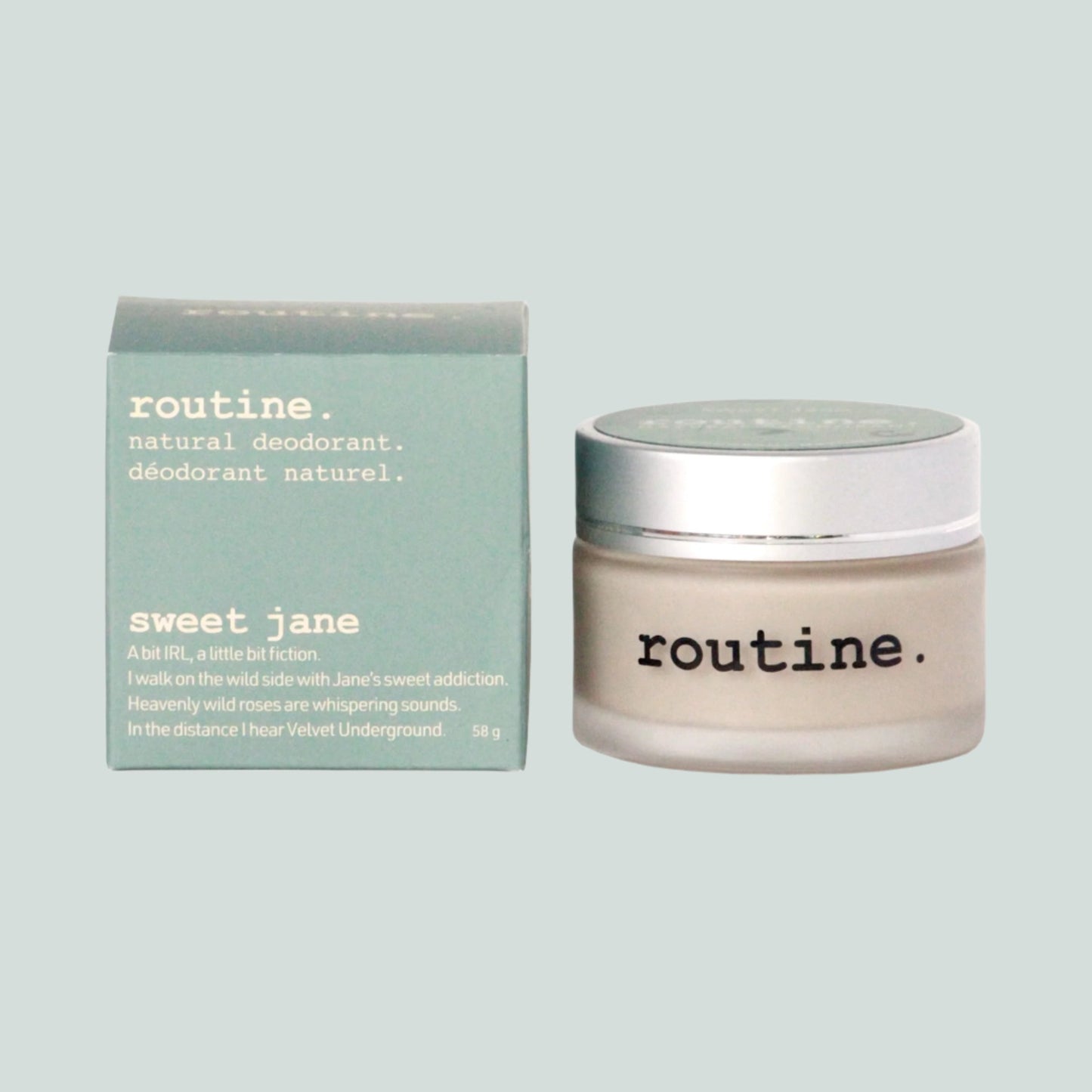 A box of Sage green  Routine Natural Deodorant Cream with the jar of product to the right - Sweet Jane displayed on a white background.