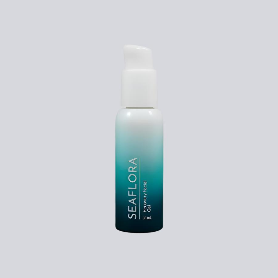 Seaflora - Recovery Facial Gel - in white fade bottle to aqua and dark aqua - vertical white branding of Seaflora label