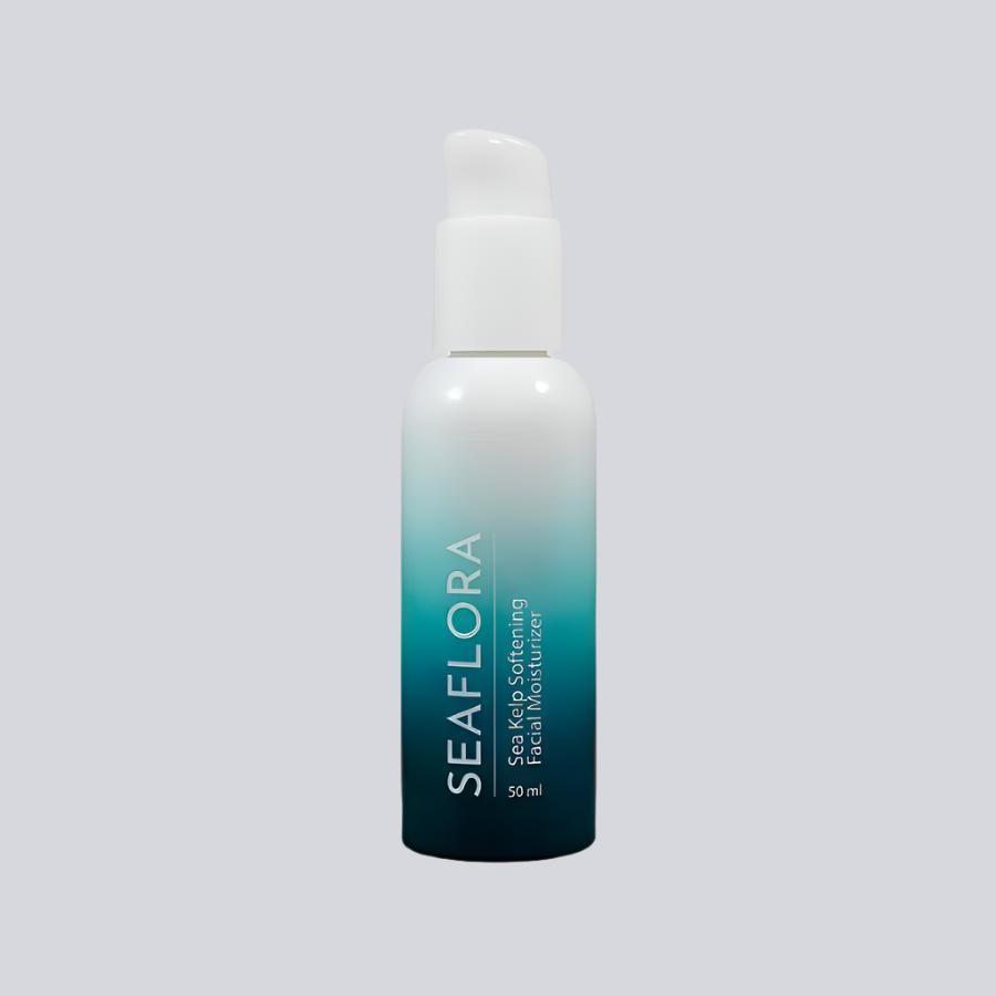 Seaflora - Sea Kelp Softening Facial Moisturizer in white fade bottle to aqua and dark aqua - vertical white branding of Seaflora label