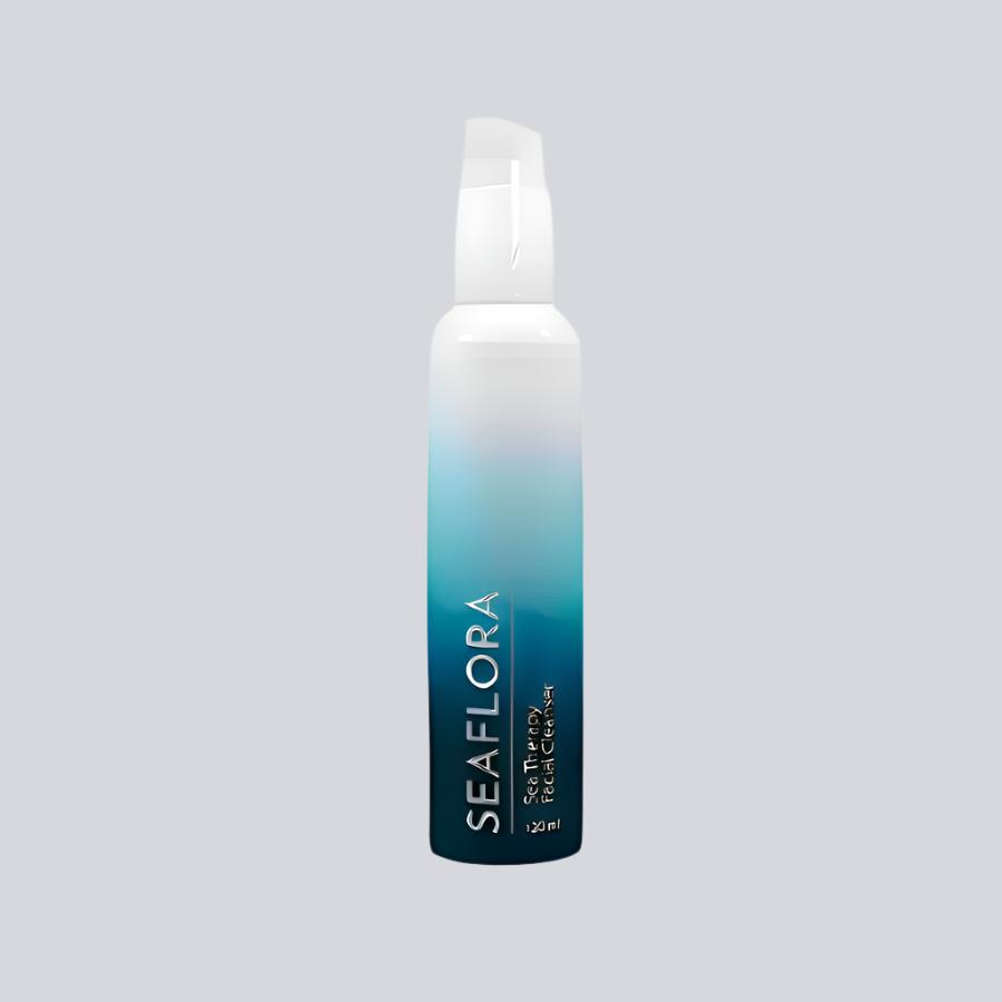 Seaflora - Sea Therapy Facial Cleanser in white fade bottle to aqua and dark aqua - vertical white branding of Seaflora label