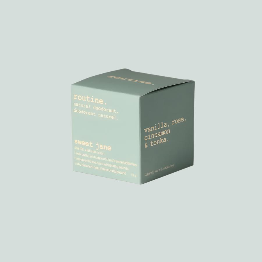 A Sage Green Box - view from the side. Routine Natural Deodorant Cream - Sweet Jane Scent - displayed on a white background.