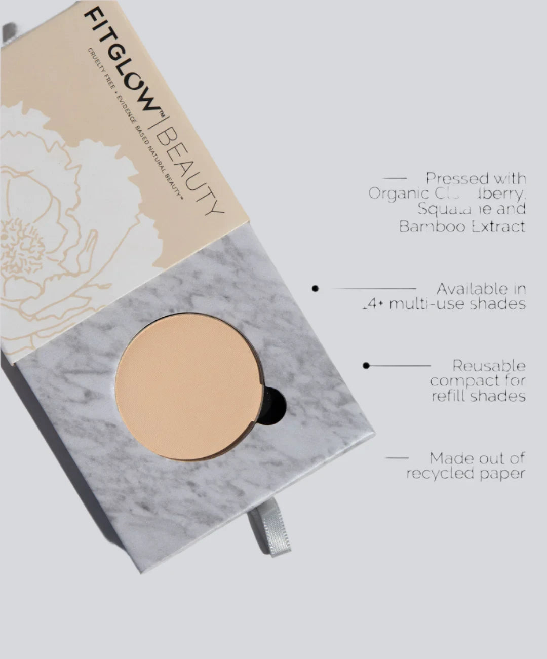 Fitglow beauty - multi use pressed shadow and blush colour - displayed in open packaging of foldable eyeshadow paper folding case for round palette with descriptions of the product to the right hand side.