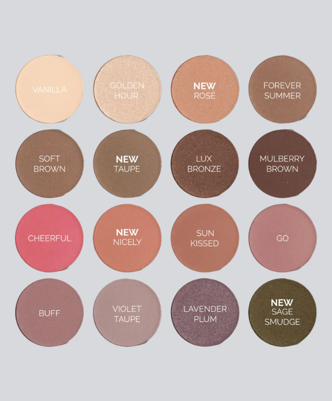 All 16 colour variants for Fitglow multi use pressed shadow + blush colour. All colours with their name labeled above the palette.