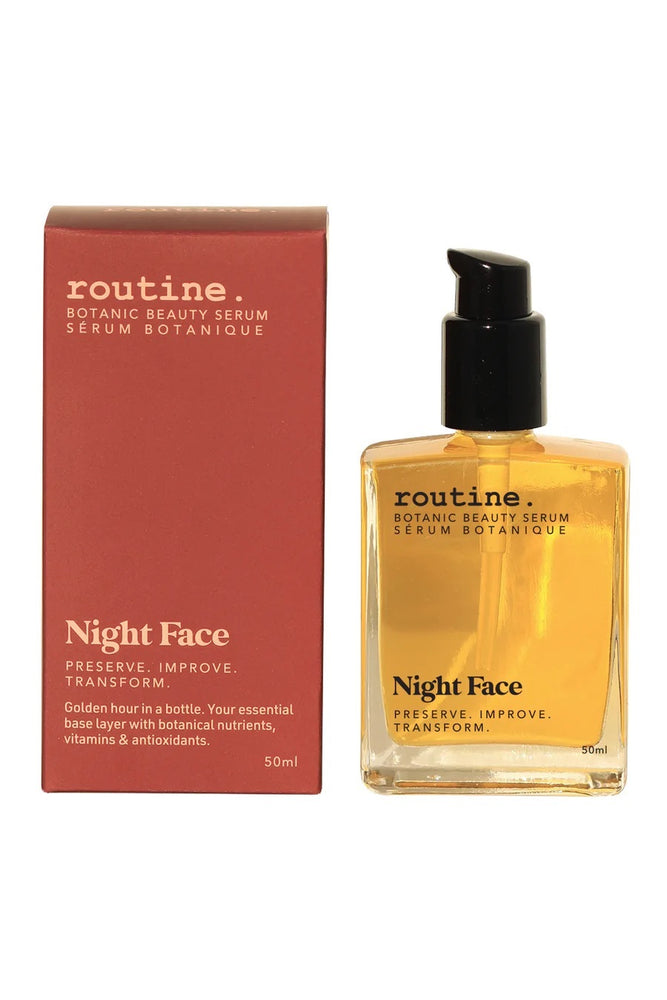 
                  
                    Night Face Serum - by Routine - Photographed with a white background - both clear oil bottle with black cap + burnt orange box labelled NIGHT FACE   
                  
                