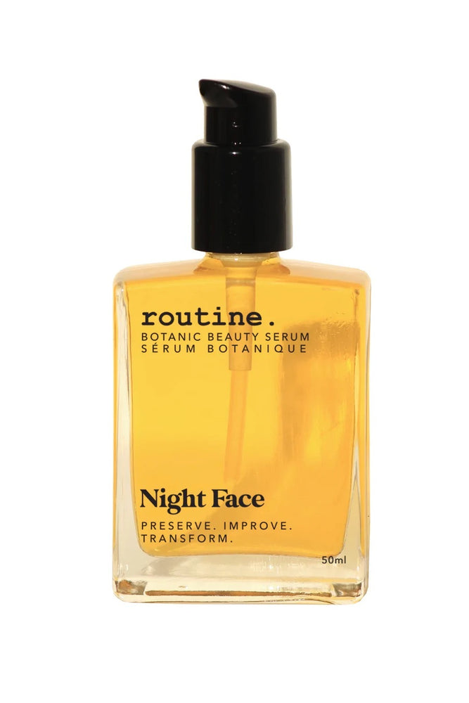 
                  
                    Night Face Serum - by Routine - Photographed with a white background - both clear oil bottle with black cap - labelled NIGHT FACE on the bottle
                  
                