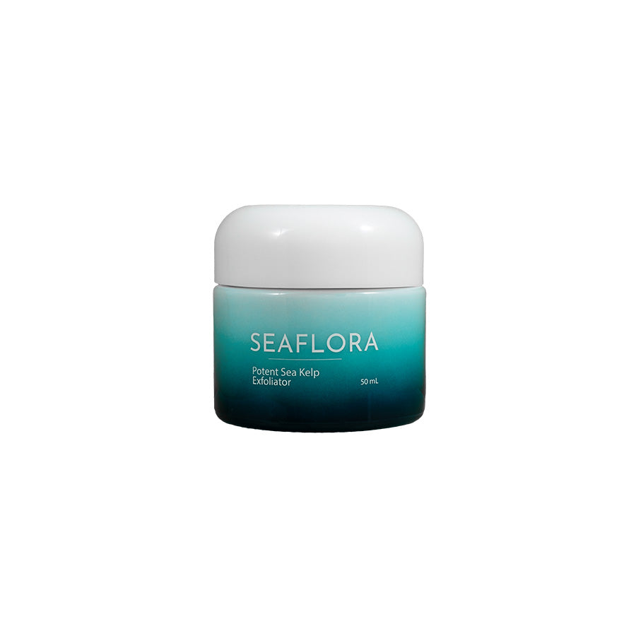 Dark Aqua faded jar with white lid of SEAFLORA - Potent Sea Kelp Exfoliator photographed with a white background. 