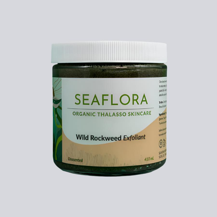 Wild Rockweed Exfoliant phtographed on a while background with a white label and green capitol letters of SEAFLORA.