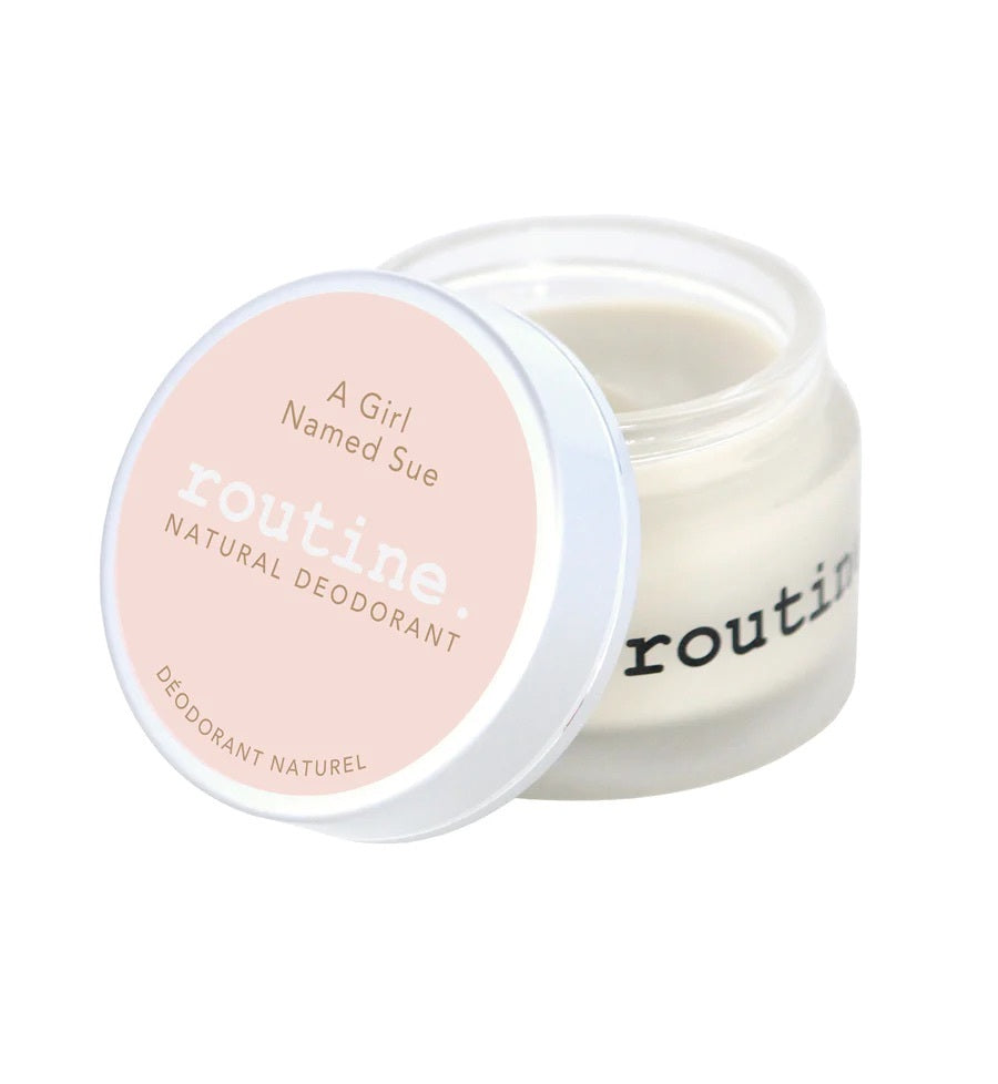 
                  
                    Routine Natural Deodorant - showing a Pink Sticker on Jar. Open lid of Routine Natural Deodorant Cream - A Girl Named Sue
                  
                