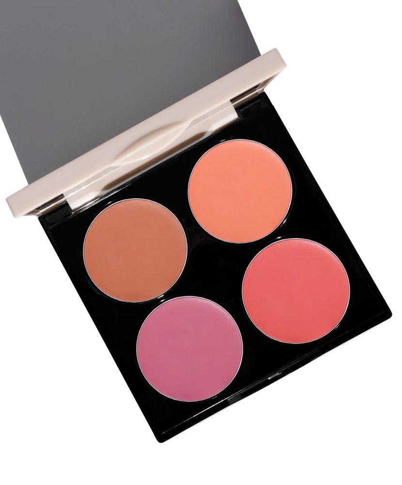 Fitglow Beauty - Lip & Cheek palette - 4 colours open and displayed with a white background .