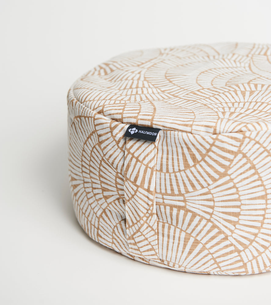 
                  
                    Meditation Cushion - patterned white and terra coloured (close up)
                  
                