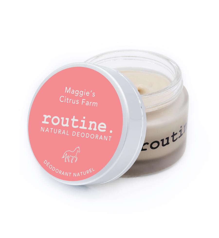 
                  
                    Peach Sticker on Jar with white horse. Open lid of Routine Natural Deodorant Cream - Maggie's Citrus Farm
                  
                