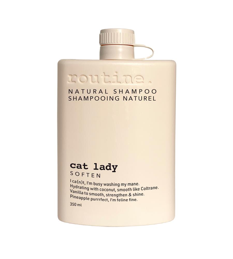 Routine - Natural Shampoo - Cat Lady - Softening Shampoo - Sleek Cream bottle with black clean writing on a bright white back ground.