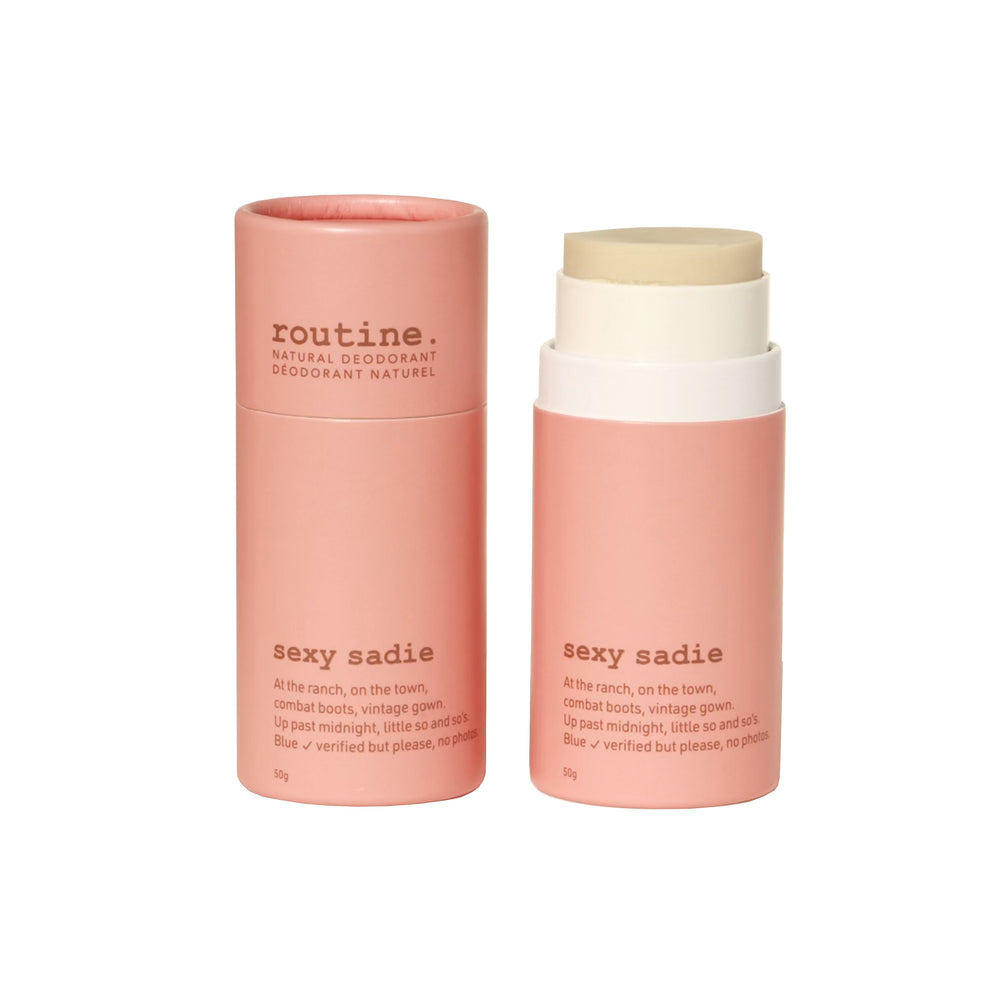 Routine Deodorant - Stick - "Sexy Sadie" scent - SWEET, SPICY & DELIGHTFUL. Ylang Ylang, Sweet Orange, Vanilla & Cinnamon in a salon paper deodorant stick displayed on a white background. Side by side with one open product (lid off) and one capped product (lid on).