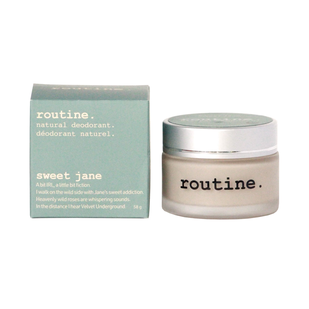 
                  
                    A box of Sage green  Routine Natural Deodorant Cream with the jar of product to the right - Sweet Jane displayed on a white background.
                  
                