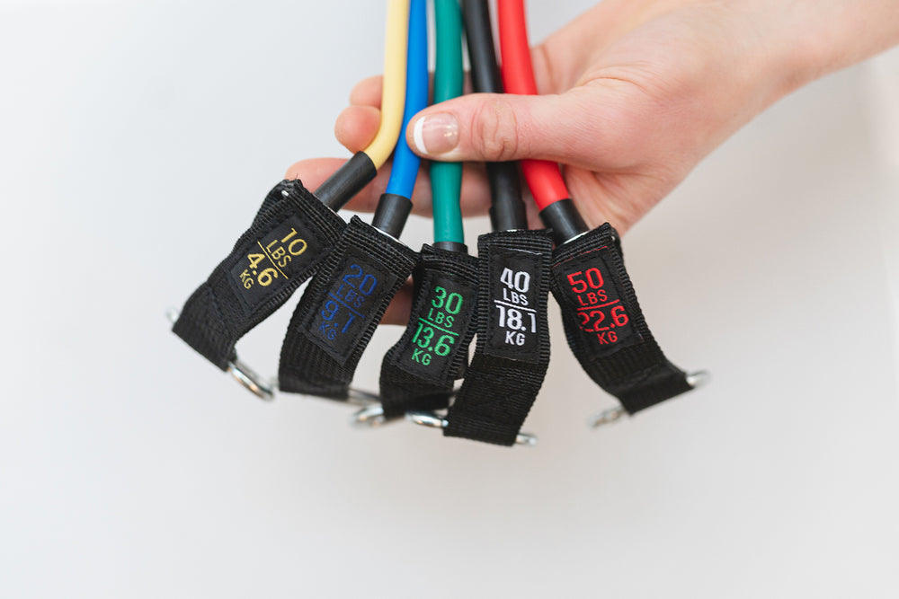 Multi coloured Resistance Tubing Set- 5 colours of various weights from 10lbs to 50lbs - displayed in a hand