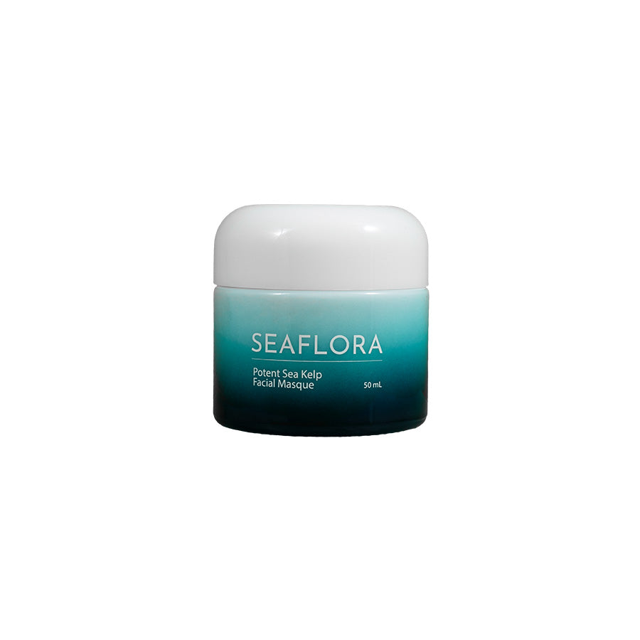 Seaflora - Potent Sea Kelp Facial Masque in white fade bottle to aqua and dark aqua - horizontal white branding of Seaflora label