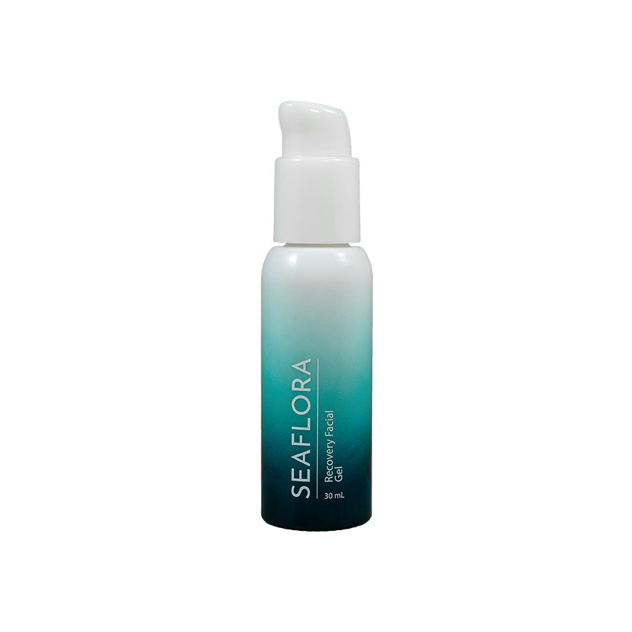 Seaflora - Recovery Facial Gel - in white fade bottle to aqua and dark aqua - vertical white branding of Seaflora label