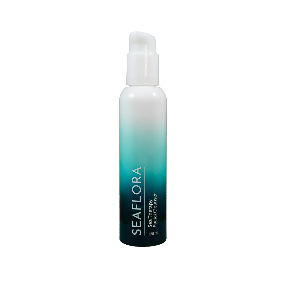 Seaflora - Sea Therapy Facial Cleanser in white fade bottle to aqua and dark aqua - vertical white branding of Seaflora label