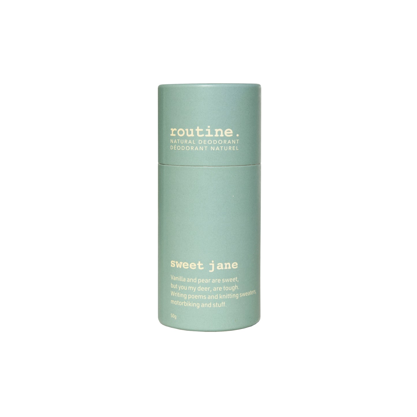 Routine Deodorant - Stick - "Sweet Jane" scent - SUGARED, WARM & ENDEARING. Vanilla, Rose, Cinnamon & Tonka  in a light teal paper deodorant stick displayed on a white background.