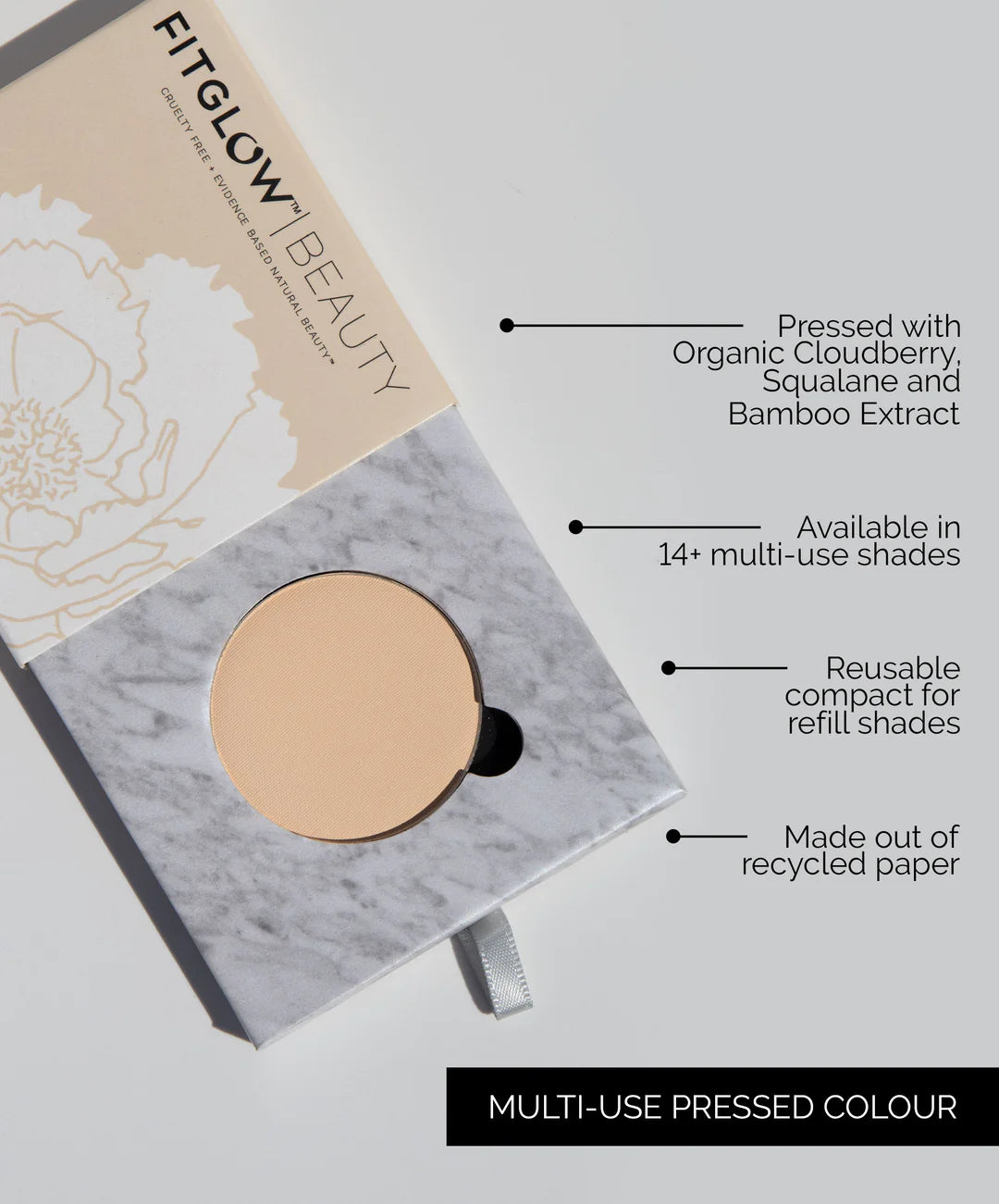 Fitglow beauty - multi use pressed shadow and blush colour - displayed in open packaging of foldable eyeshadow paper folding case for round palette with descriptions of the product to the right hand side.