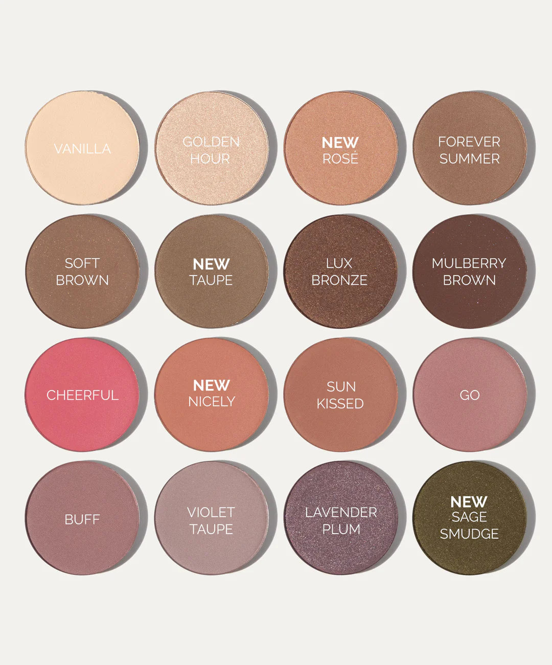 
                  
                    All 16 colour variants for Fitglow multi use pressed shadow + blush colour. All colours with their name labeled above the palette.
                  
                
